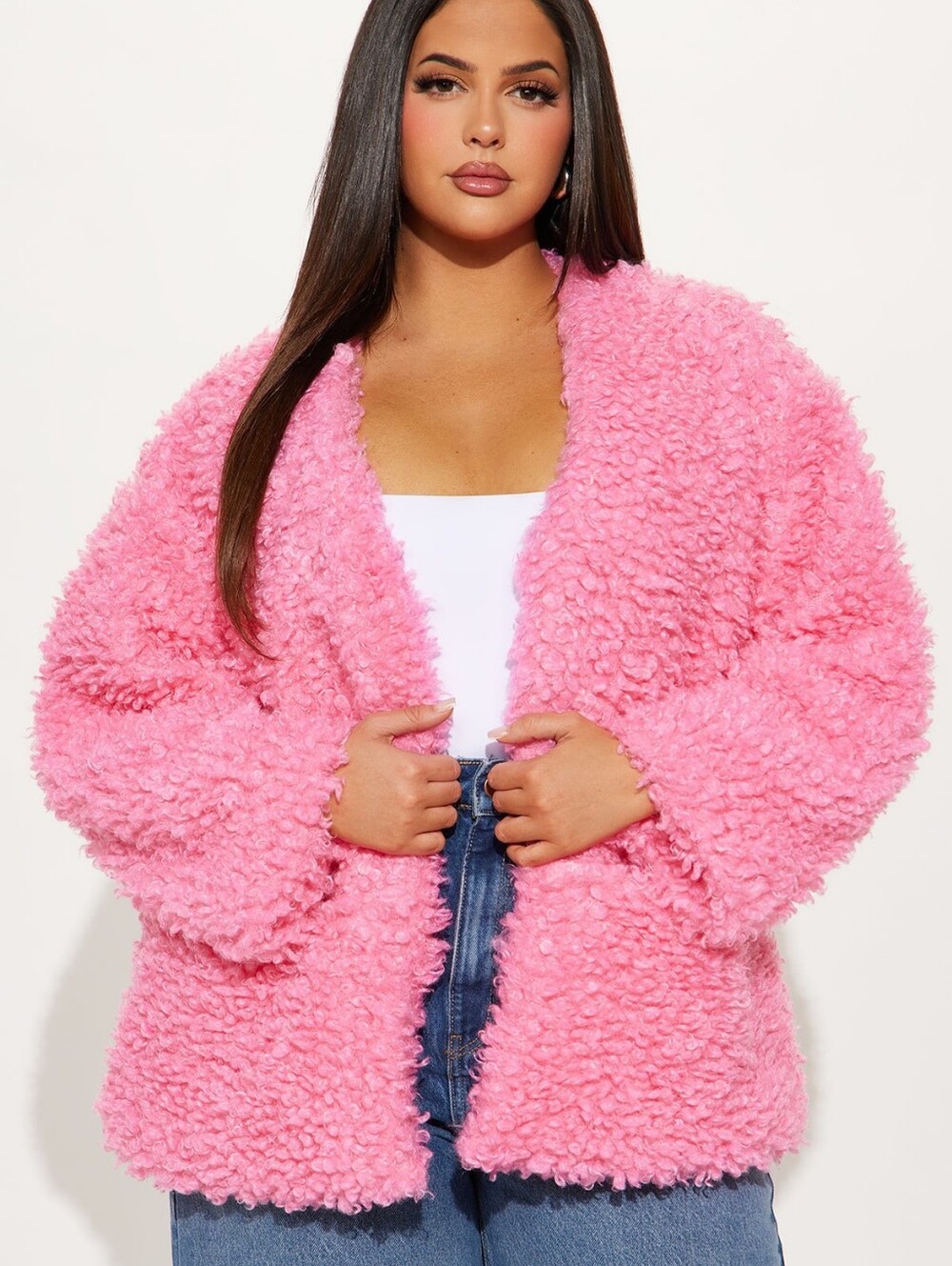 Pink Faux-Shearling Open-Front Jacket With Pockets - Picture 6 of 8